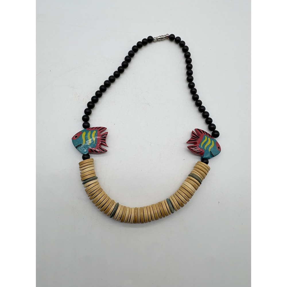 Hand Painted Wood Tropical Fish Beaded Necklace Black Tan Boho Coastal